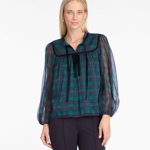 Bow Long-Sleeve Top in Evergreen Tartan
