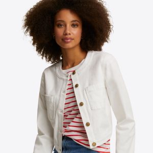 Collarless Jacket in White Denim