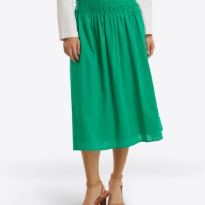 Smocked Waist Midi Skirt in Cotton Dobby