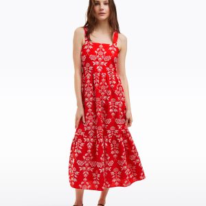 Cynthia Embroidered Midi Dress in Red Floral Embroidery