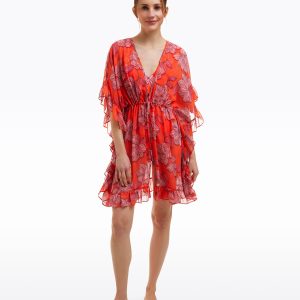 Red Magnolia Ruffle Caftan Cover Up