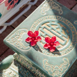 Pink Enamel Coated Flower Statement Earrings